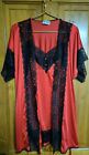 VTG Avon Style Night Gown  Robe Set 2 Pc  Red Black Silky Lace Lingerie Sz Small