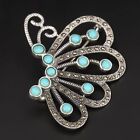 Sterling Silver - Turquoise & Marcasite Butterfly Insect Brooch Pin - 10g