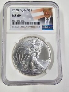 2020 $1 American Silver Eagle NGC MS69 Trump Flag Label