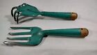 Garden Fork & Cultivator 1960s Turquoise/Teal Painted Metal & Wood Hand Tools