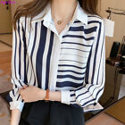 Korean Womens Striped Chiffon Casual Long Sleeve Workwear OL Tops Blouse Shirts