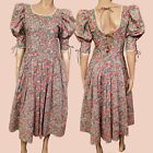 Vintage 80s Floral Midi Dress Cottagecore Milkmaid Puff Sleeves Pockets Size S