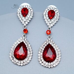 Drop Dangle Earrings Women Simulated Ruby Red Rhinestone Silver Plated Wedding 5