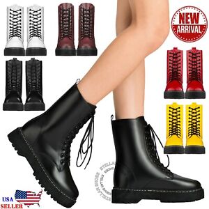 [NEW] ILLUDE Women’s Lace Up Combat Boots Chunky Heel Military High Ankle Boots