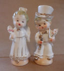 VINTAGE BRIDE AND GROOM SALT AND PEPPER SHAKERS JAPAN GOLD WHITE BLOND 5 INCHES