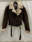 Wilsons Leather Brown Vintage Faux Fur Trimmed Suede Belted Bomber Jacket-Size S