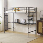 Metal Twin Size Loft Bed with Built-in Desk and Storage Shelves Bedroom