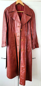 Vintage 1970s Leather Trench Coat Orange S