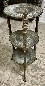 Vintage Victorian Ornate 3-Tier Brass Cherub Claw Feet Accent Table 28”H, 10”D