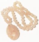 Vintage Chinese Export Rose Quartz Beaded Necklace Carved Lotus Flower Pendant
