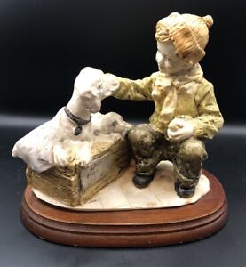 “Dog For Sale” Figurine with Wood Base Puppies Boy Home Decor T1