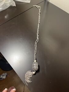 Chicos Long Silver Played Necklace With Drop And Tassel