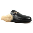 Black Backless Slip On Real Leather Fur Gold Buckle Loafers Shoes Slipper AZAR