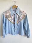 Vintage 1970's Kennington Button size S/M Floral Quilted Chambray Western Shirt