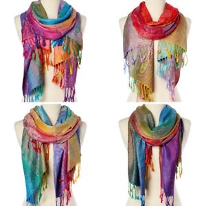 Women Long Rainbow Paisley Silk Blend Pashmina Scarf Wrap Shawl Plaid Cozy Gift