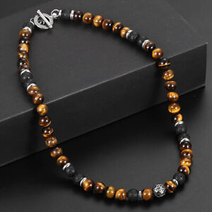 Men's 8mm Natural Tiger Eye Lava Bead Necklace Stainless Steel Toggle 18/20/24