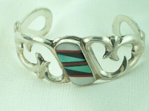 Old Pawn Sterling Silver  Turquoise Inlay Cuff Bracelet Native American Navajo