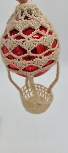 Vintage Crochet Hot Air Balloon Christmas Ornament Red Glass Ornament Handmade