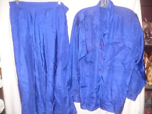 Blue Washable Silk Skirt Set Front Pockets Eqaulets Long Sleeves 14