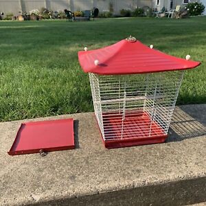 Vintage Metal Wire Bird Cage Japan Red Square Antique 1950’s 15” x 15” x 17”