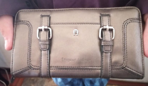 Etienne Aigner Leather Zip Around Wallet Silver w/Buckles Designer Purse Nice!