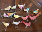 Vintage Lot Of 13 Cotton Feathered Birds With Wire Feet Christmas Tree Ornaments