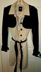 Bebe Sz Medium Womens vintage style Trench Coat Black/tan Satin pinup Jacket