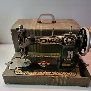 White Rotary Black Cast Iron Sewing Machine W/ Travel Case 1913 Vintage Antique