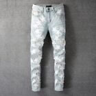 Men's Stars Embroidery Patchwork Ripped Skinny Fit Denim Distressed Blue Jeans
