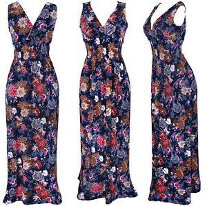 Women's Deep V-Neck Floral Smocked Waist  Summer Sundress Long Dress
