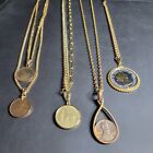 Lot VINTAGE PENDANT NECKLACE  COIN CHARMS GOLD TONE METAL COSTUME JEWELRY