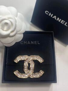 Chanel CC Crystal Light Gold Tone Logo Brooch In Box