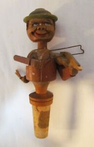 VINTAGE WOOD CARVED MECHANICAL BOTTLE STOPPER MAN PLAYING VIOLIN FIDDLE AS-IS
