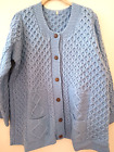 Aran Crafts Ireland Cornflower Blue Merino Wool Cabled Cardigan Sweater L 46