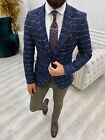 Men's Square Plaid Italian Cut Slim Fit Jacket-Navy Blue