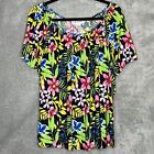 CD Daniels 2X Shirt Top Green Floral Short Sleeve Scoop Neck Stretch Casual