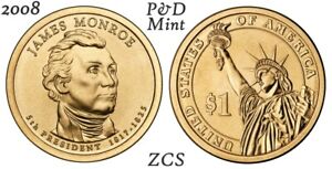 2008 P&D James Monroe Presidential One Dollar Coin President U.S. Mint Money