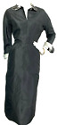Vintage 30's Dress Taffeta Wiggle Midi Side Zip Beaded Collar Cuffs Black S VGUC