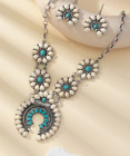 WHITE SQUASH BLOSSOM PENDANT NECKLACE FAUX TURQUOISE Western Earring Set