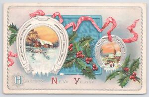 Happy New Year~Winter Scenes In Horseshoes~Holly & Ribbon~Embossed~Vintage PC