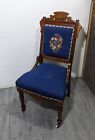 Antique Victorian Eastlake Carved Wood Floral Needlepoint Parlor Chair w Casters