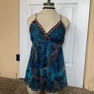 Y2K Inspired Blue Paisley Top with Beads & Sequins Spaghetti Strap Babydoll