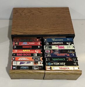 Lot of 16 VHS Tapes | Horror | Thriller | Sci-Fi | With VTG Wood Grain Storage