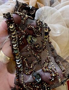 ANTIQUE FRENCH GOLD METAL SEQUIN TINY IRIDESCENT GLASS BEAD NET TULLE LACE TRIM
