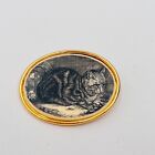 Vintage MFA Museum Of Fine Arts Cat & Mouse Faux Scrimshaw Brooch Pin Gold Tone