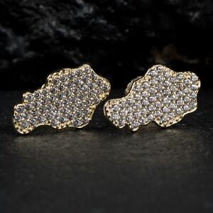 Men’s 14k Gold Plated Sterling Silver Honey Comb Set Iced Nugget Stud Earrings