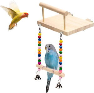 Bird Perches Cage Toys, Parrot Wooden Platform Stand with Swing Bell Swing Hangi