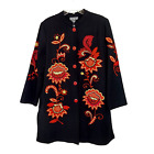 Indigo Moon Black Embroidered Coat Oriental Floral Red Orange Duster Jacket NWT