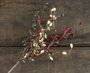 Pip Berry Picks Set of 3 Burgundy Olive Green Cream Primitive Floral Decor 12 in