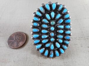 FRED HARVEY era large Zuni silver NATURAL turquoise cluster ring
